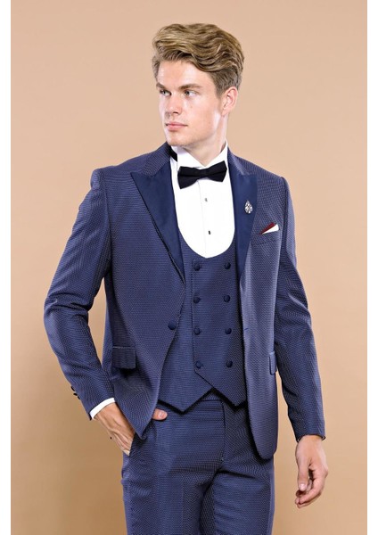 Erkek Çıkma Yaka Yelekli Slim Fit Takım Elbise