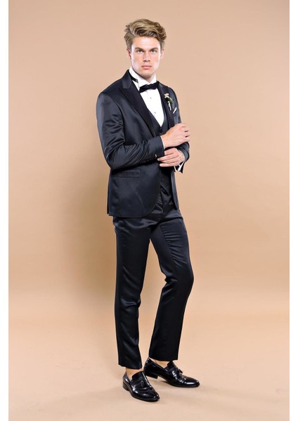 Erkek Çıkma Yaka Garnili Yelekli Slim Fit Damatlık