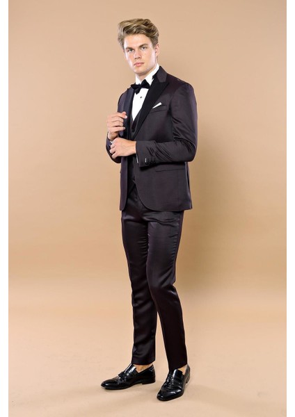 Erkek Çıkma Yaka Garnili Yelekli Slim Fit Damatlık