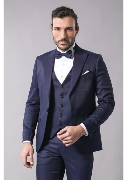 Erkek Çıkma Yaka Garnili Yelekli Slim Fit Damatlık
