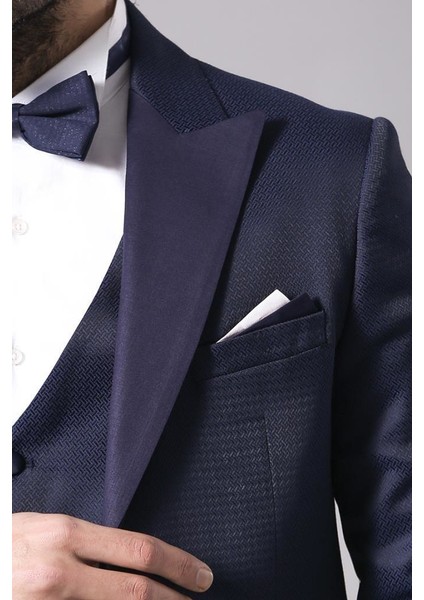 Erkek Çıkma Yaka Garnili Yelekli Slim Fit Damatlık