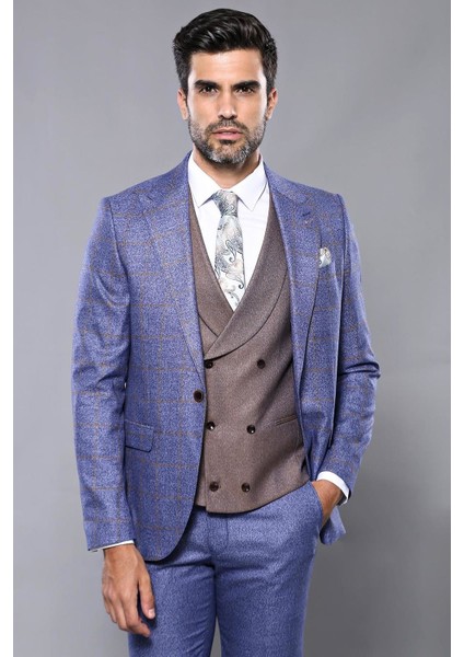 Erkek Ekose Kombinli Slim Fit Takım Elbise