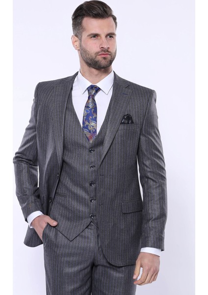 Erkek Çizgili Slim Fit Yelekli Takım Elbise