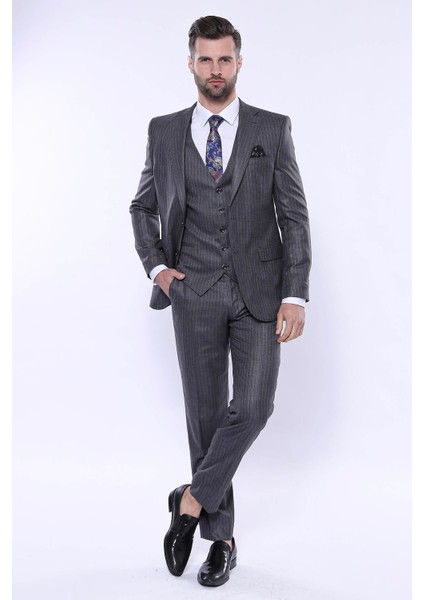 Erkek Çizgili Slim Fit Yelekli Takım Elbise fiyatları