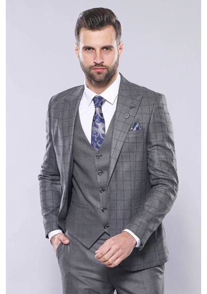 Erkek Ekose Ceket Yelekli Slim Fit Takım Elbise