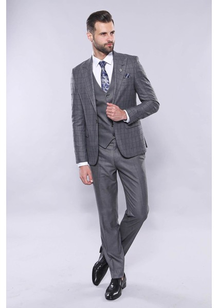 Erkek Ekose Ceket Yelekli Slim Fit Takım Elbise
