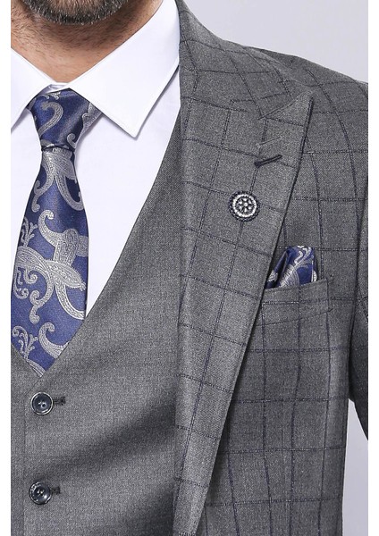 Erkek Ekose Ceket Yelekli Slim Fit Takım Elbise