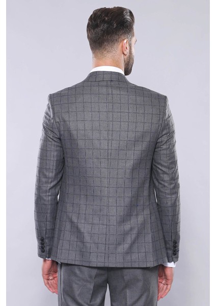 Erkek Ekose Ceket Yelekli Slim Fit Takım Elbise