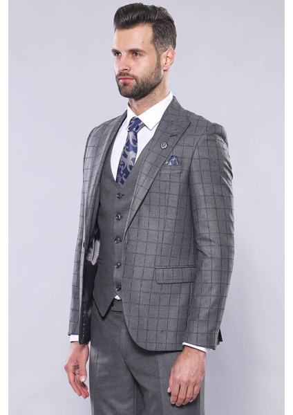 Erkek Ekose Ceket Yelekli Slim Fit Takım Elbise