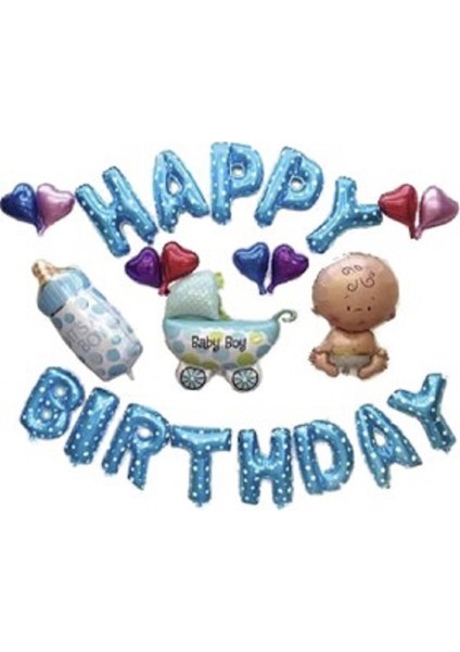 Folyo Balon Harf Happy Birtyhday Set Mavi Beyaz Yıldızlı 40CM