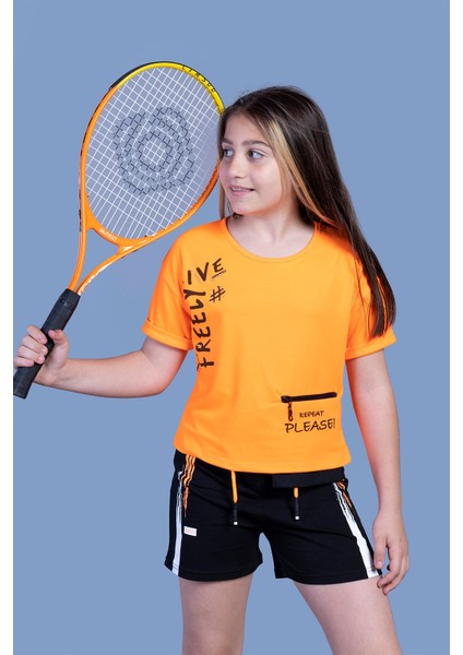 Toontoy Kız Çocuk Cep Detaylı Baskılı Şortlu Takım