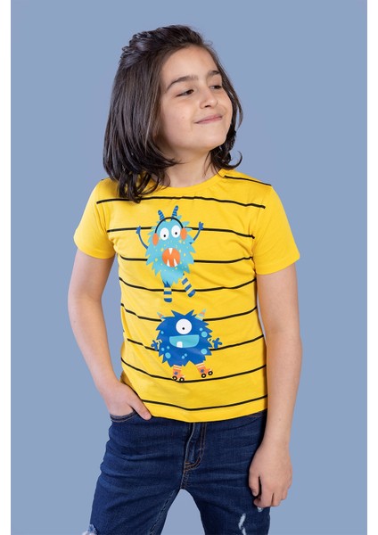 Toontoy Erkek Çocuk Çizgili Canavar Baskılı Tişört