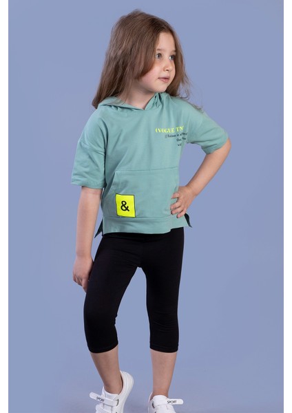 Toontoy Kız Çocuk Baskılı Kapüşonlu Kanguru Cepli Taytlı Takım