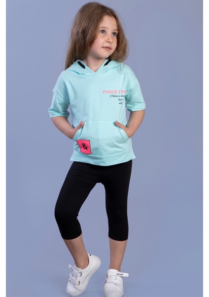 Toontoy Kız Çocuk Baskılı Kapüşonlu Kanguru Cepli Taytlı Takım