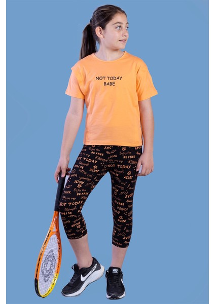 Toontoy Kız Çocuk Kesik Detaylı Baskılı Taytlı Takım