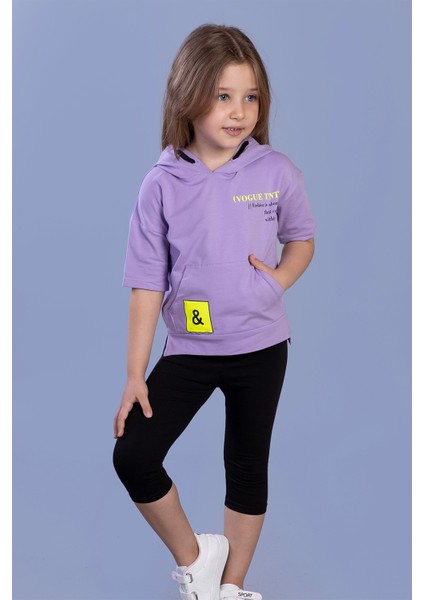 Toontoy Kız Çocuk Baskılı Kapüşonlu Kanguru Cepli Taytlı Takım