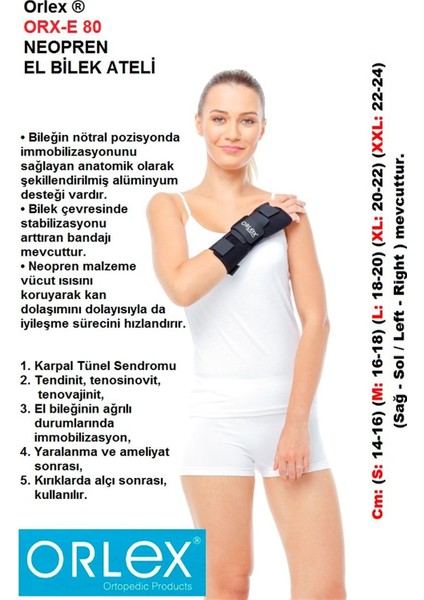 Orx-E 80 Neopren El Bilek Ateli ( Sağ ) (Bilek Çevresinde Stabilizasyonu Arttıran Bandajı Mevcuttur)