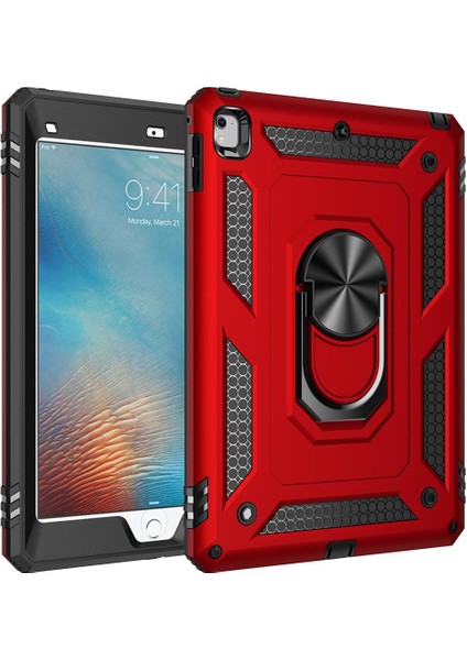 Apple iPad 6. Nesil 9.7" Kılıf Metal Yüzüklü Standlı Kalem Bölmeli Vega Kırmızı