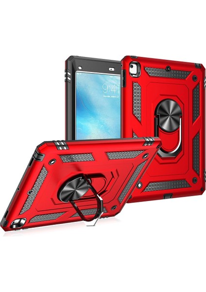 Apple iPad 6. Nesil 9.7" Kılıf Metal Yüzüklü Standlı Kalem Bölmeli Vega Kırmızı modelleri