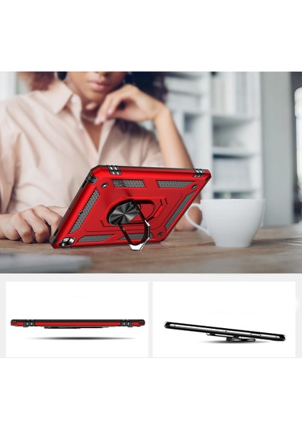Apple iPad 6. Nesil 9.7" Kılıf Metal Yüzüklü Standlı Kalem Bölmeli Vega Kırmızı indirimleri