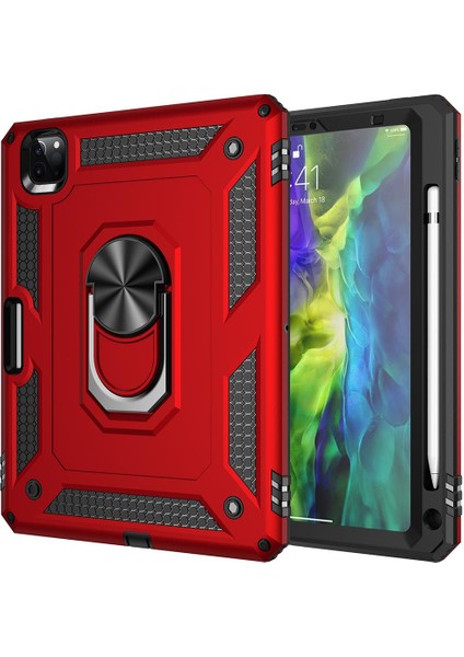 iPad Pro 11 2. Nesil 2020 Kılıf Metal Yüzüklü Standlı Kalem Bölmeli Vega Kırmızı
