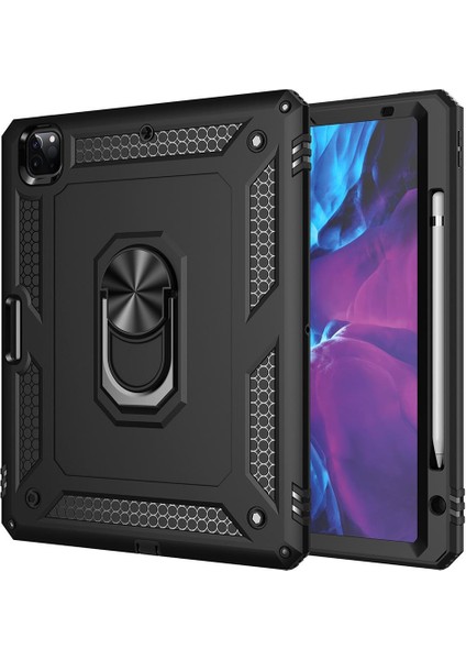 iPad Pro 12.9 4. Nesil 2020 Kılıf Metal Yüzüklü Standlı Kalem Bölmeli Vega Siyah