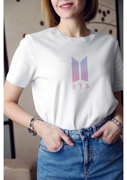 Kio Tasarım BTS Müzik Grubu Logo Baskılı T-Shirt Kadın Sevgililer-Doğum-Günü Hediye