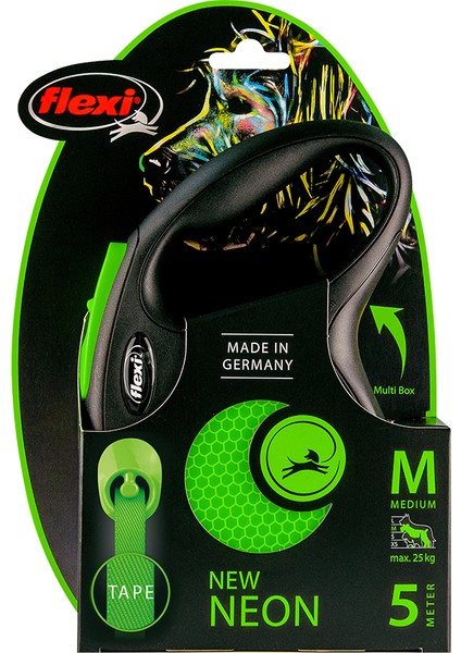 New Neon Yeşil Parlak Şeritli Otomatik Gezdirme Tasması 5m Medium