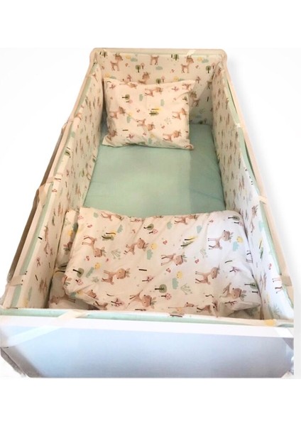 Bebek Beşik Uyku Seti Karaca Desenli/mint Yeşili 7 Parça