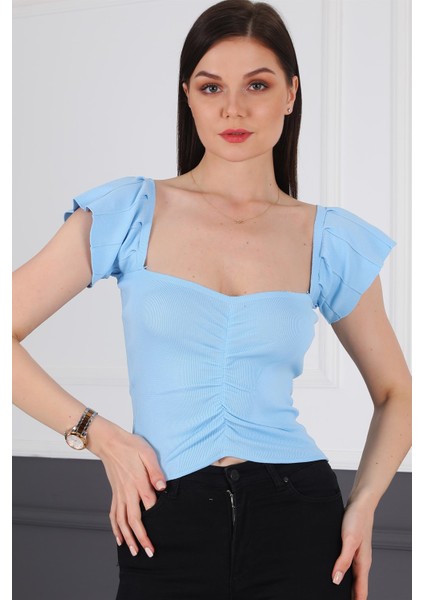 Z2008 Dewberry Kadın Krop Bluz-Mavi fiyatları