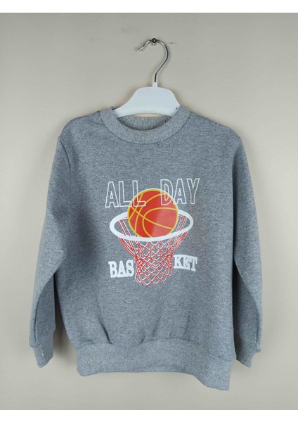 Erkek Çocuk Baskılı Gri Pamuklu Sweatshirt
