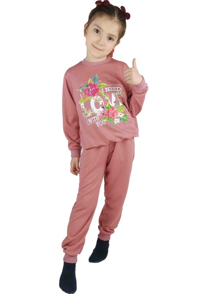 Kız Garson Pembe Baskılı Pamuklu Eşofman Takımı
