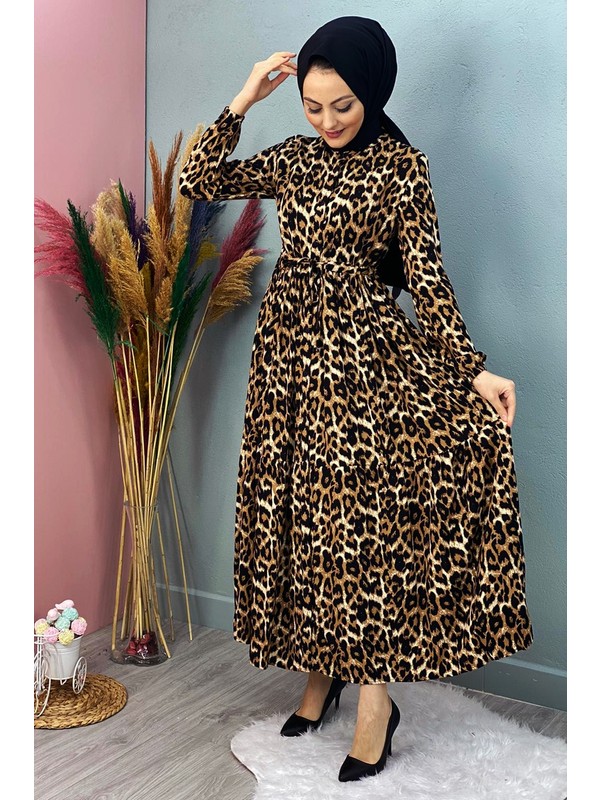 Lugmo Leopar Desenli Tesettur Abiye Elbise Pamuklu Dugmeli Fiyati