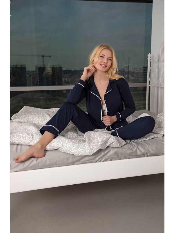 Huq Moda Huq Moda lacivert Ekru Biyeli Pamuklu Likralı Düğmeli Pijama Takımı - Lacivert