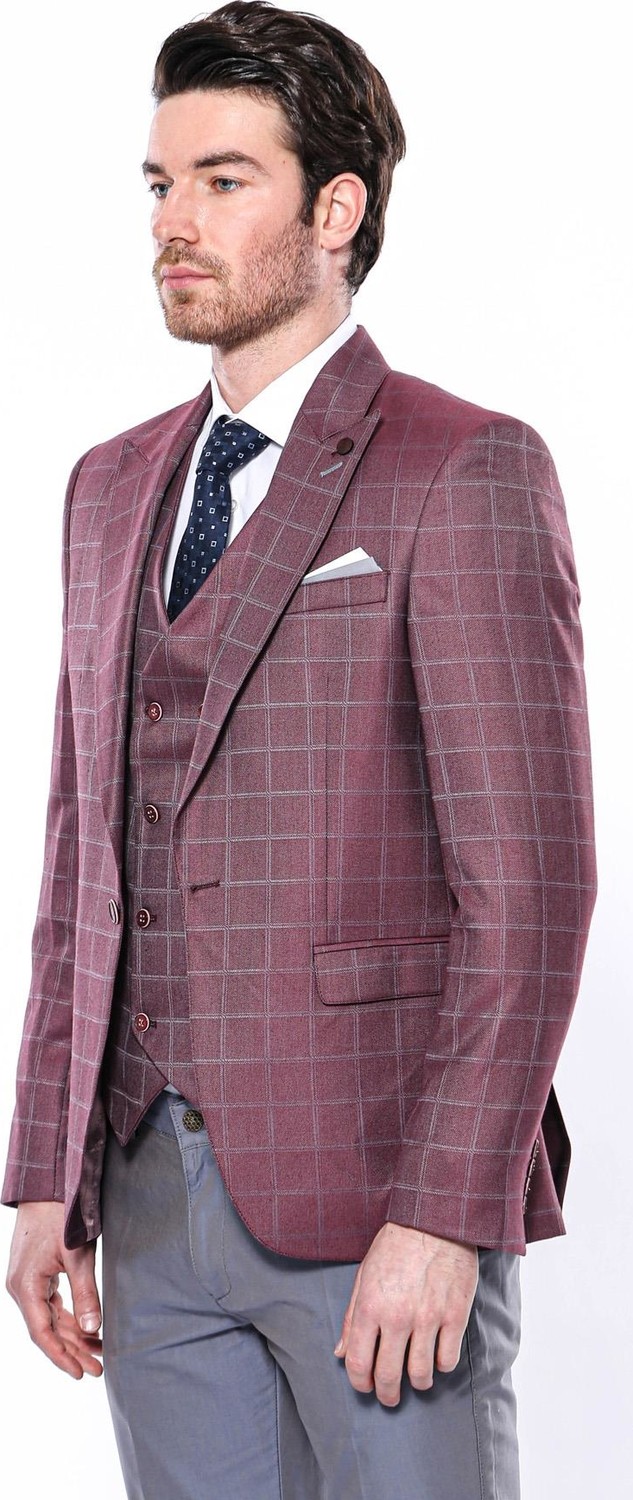Wessi Erkek Ekose Kruvaze Sivri Yaka Slim Fit Takım Elbise görsel 2