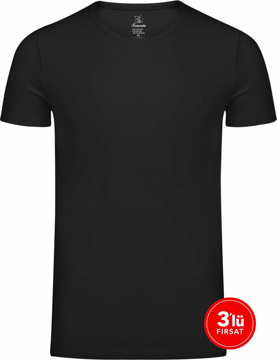 Sementa Erkek Modal Sıfır Yaka Tshirt 3'lü Paket - Siyah