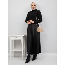 Hakimoda Deri Görünümlü Pliseli Etek Siyah