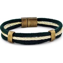 Solfera Krem Rengi Koyu Yeşil Üç Sıralı Halat Ip Erkek Bileklik M009A