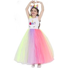 Masal Kostüm Unicorn Poni Kız Çocuk Elbise Kostüm Uzun