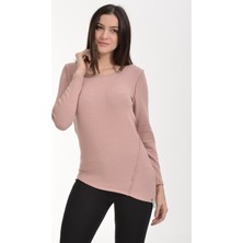 Cotton Candy Asimetrik Dikiş Detaylı Tişört - Pudra Pudra - S