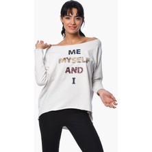 Cotton Candy Önü Pul Baskılı Sweatshirt - Krem Krem - S