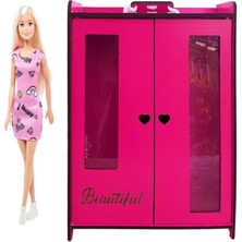 Woody Life Barbie Baby Alive Uyumlu Dolap ve Gardrop Yatak Odası Oyuncak Pembe