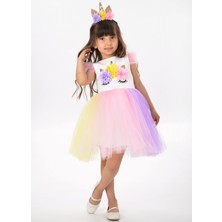 Buse & Eylül Bebe Unicorn Taçlı Rengarenk Kız Çocuk Parti Elbisesi