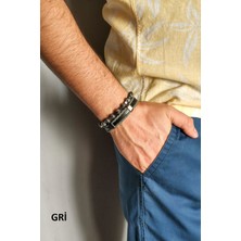 Janti JTKB19012 Doğal Taş ve Deri Kombin Bileklik Gri