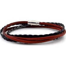 Solfera Taba Siyah Iki Sıra Sarma Örgü Deri Erkek Bileklik M008C