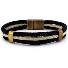 Solfera Krem Rengi Siyah Üç Sıralı Halat Ip Erkek Bileklik M009C