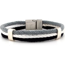 Solfera Gri Siyah Beyaz Üç Sıralı Halat Ip Erkek Bileklik M009E