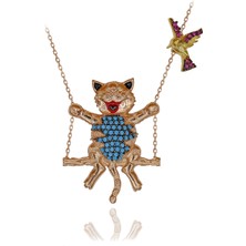 Turkuaz Taşlı Salıncakta Sallanan Kedi Gümüş Kolye