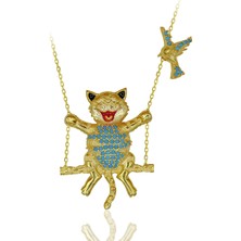 Turkuaz Taşlı Salıncakta Sallanan Kedi Gümüş Kolye