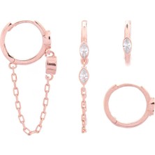 Zarif Silver Yıldız Ikili Zincirli Taşli Kombin 925 Ayar Gümüş Rose Halka Küpe